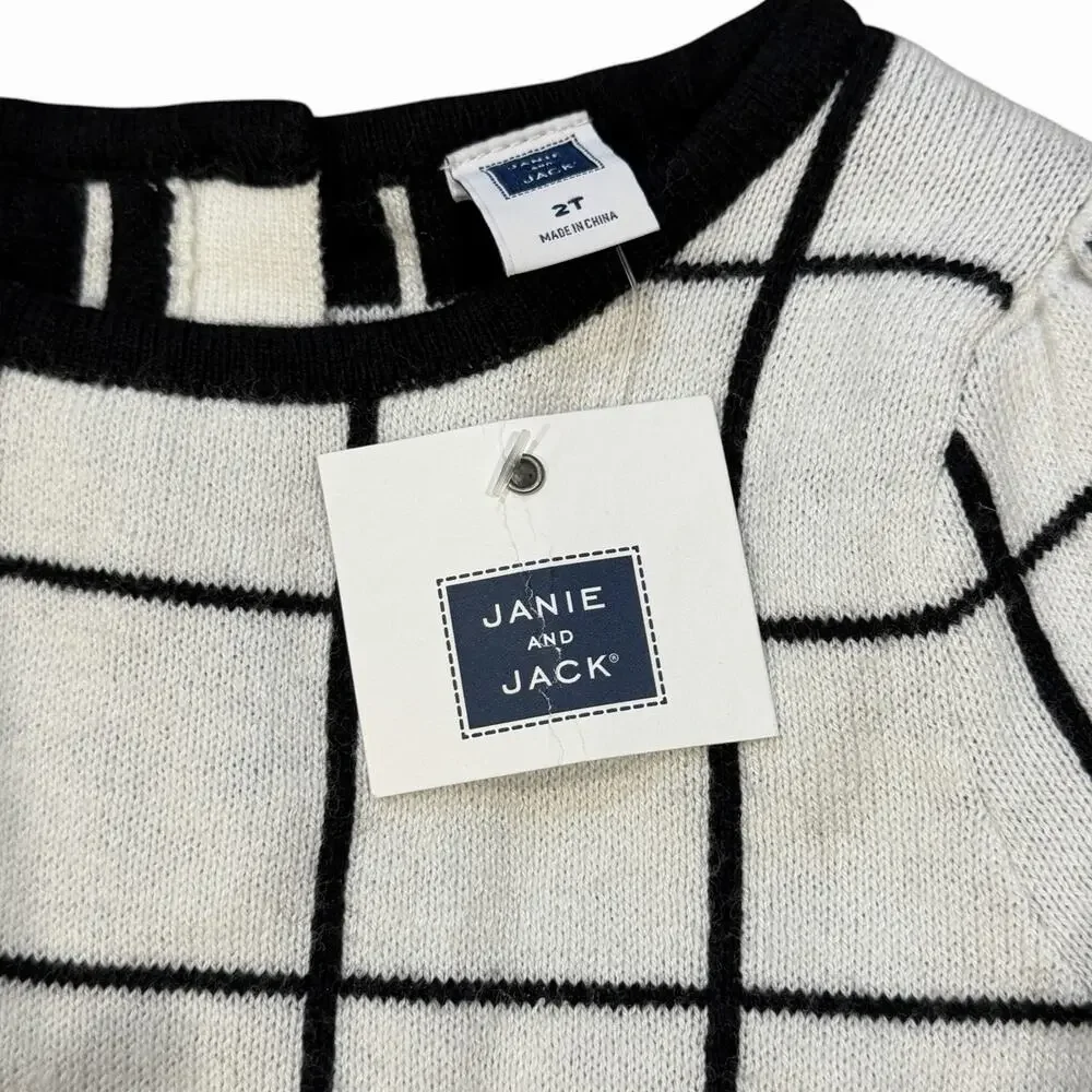Janie and Jack Black White Windowpane Sweater Dress Shoulder Bow Toddler 2T NWT